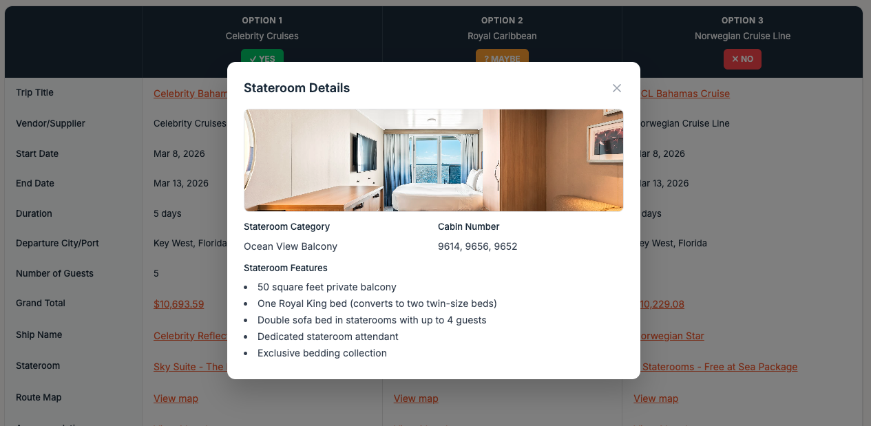 FORGE stateroom details modal showing cabin features and amenities