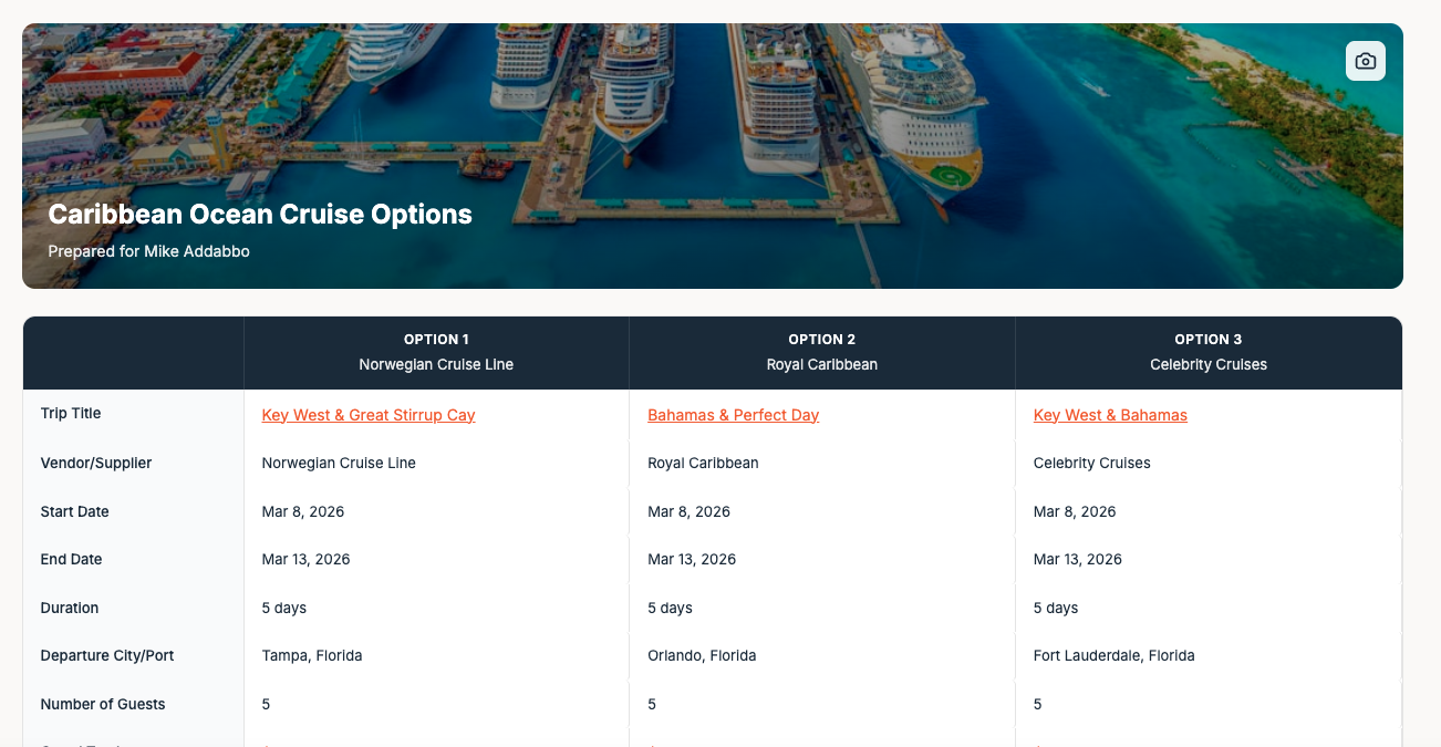FORGE Compare Tool showing side-by-side trip comparison