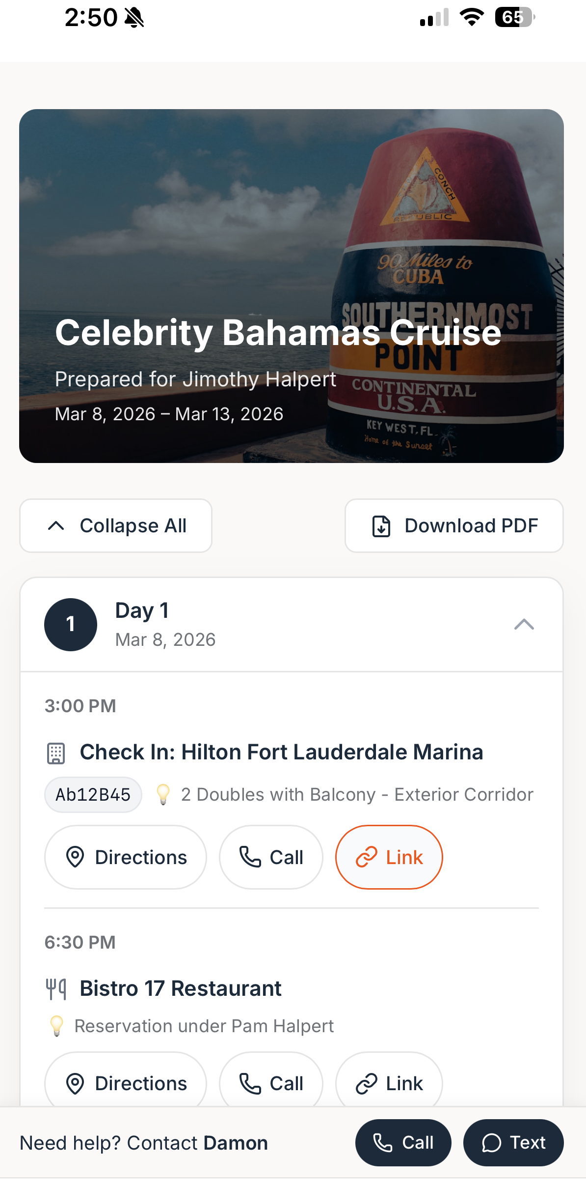 FORGE Itinerary on mobile showing day-by-day trip details
